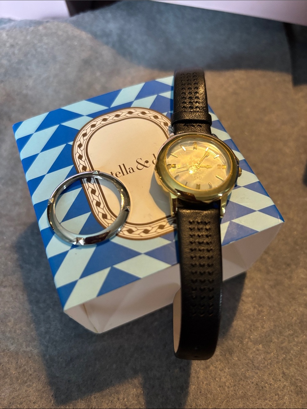 Stella & Dot Black Leather Strap Gold-Tone Dial Women's Watch